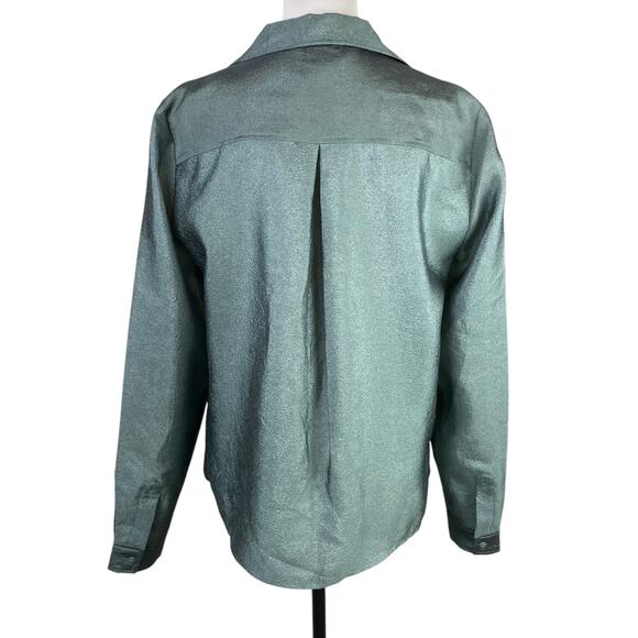 JUST Female Mae Shirt Jade Green Shiny Texture Button Up Long Sleeve Blouse - Picture 5 of 15